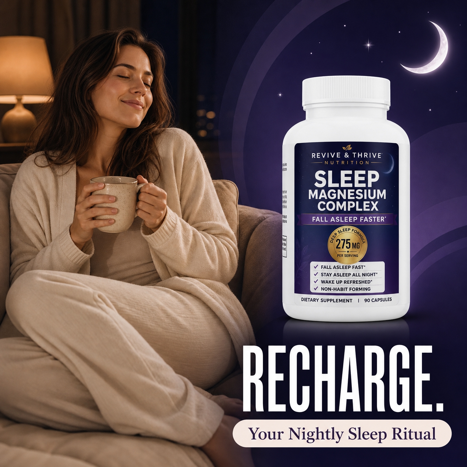 Sleep Magnesium Complex bottle with woman waking refreshed